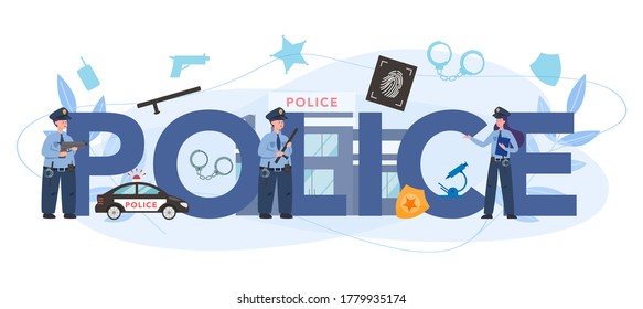 Police typographic header concept. Detective making investigation. Policeman patrol the city. 911 service. Isolated flat vector illustration