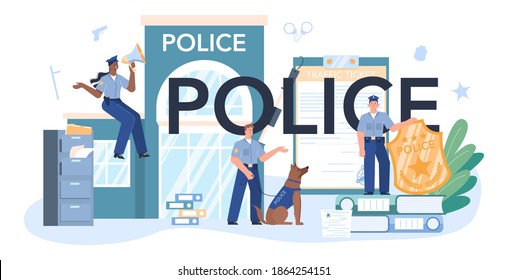 Police typographic header. Detective making investigation and apprehension. Policeman patrol the city managing the traffic. 911 service. Isolated flat vector illustration