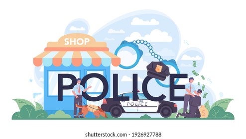 Police typographic header. Detective making interrogation. Policeman patrol the city and making apprehensions. 911 service community policing. Flat vector illustration
