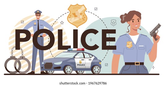 Police typographic header. Detective making interrogation. Policeman