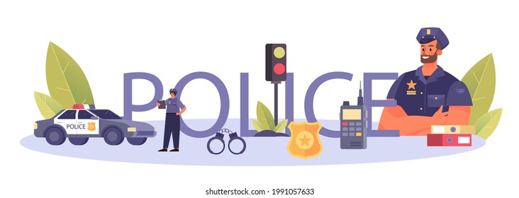 Encabezado tipográfico policial. Detective haciendo interrogatorio investigando un crimen. Los oficiales patrullan la ciudad y administran el tráfico. Ilustración vectorial plana