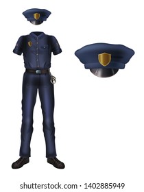 Police uniform and cap with cockade, policeman security costume isolated on white background. blue colored forming dress with short sleeves and handcuffs on belt. Realistic 3d vector illustration