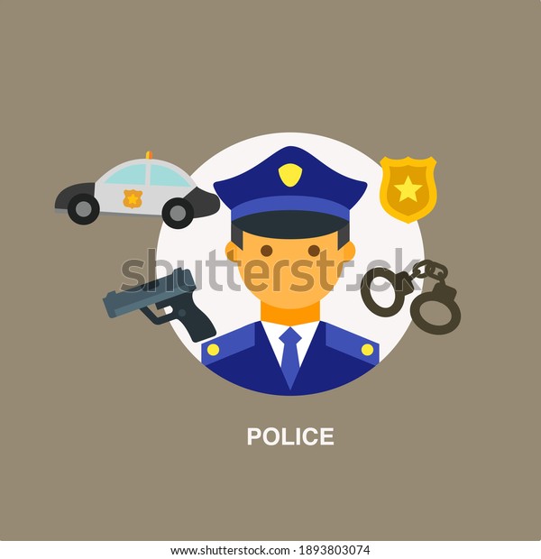 Police in uniform front\
view with car gun pistol handcuffs and police badge flat concept\
icon design
