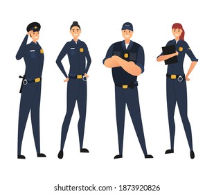 Police In Uniform. Protection Of Citizens. Young Law Enforcement Officers Isolated On White Background. Vector Illustration