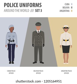 Police uniforms around the world. Suit, clothing of american police officers vector illustrations set