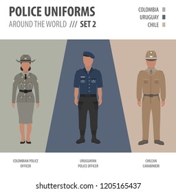 Police uniforms around the world. Suit, clothing of american police officers vector illustrations set