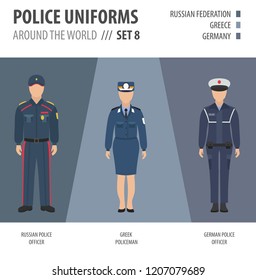 Uniformes policiales en todo el mundo. Demanda, ropa de oficiales de policía europeos ilustraciones vectoriales set