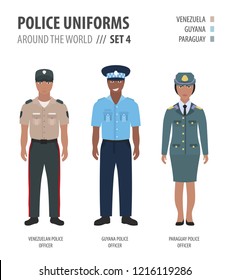 Police uniforms around the world. Suit, clothing of american police officers vector illustrations set