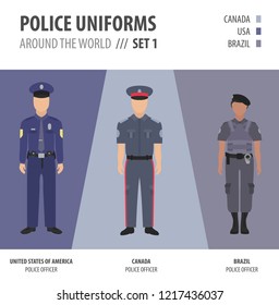 Police uniforms around the world. Suit, clothing of american police officer vector illustrations set