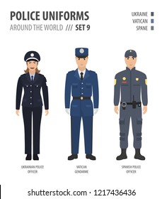 Police uniforms around the world. Suit, clothing of european police officers vector illustrations set