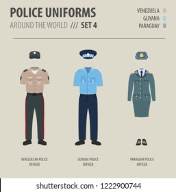 Police uniforms around the world. Suit, clothing of american police officers vector illustrations set