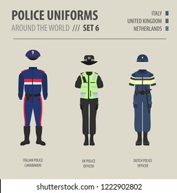 Police uniforms around the world. Suit, clothing of european police officers vector illustrations set