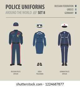 Police uniforms around the world. Suit, clothing of european police officers vector illustrations set