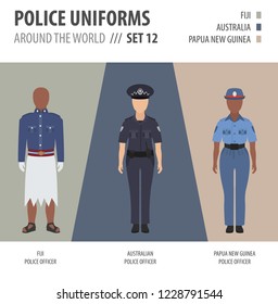 Police Uniforms Around The World. Suit, Clothing Of Australian And Oceanian Police Officers Vector Illustrations Set