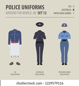 Police Uniforms Around The World. Suit, Clothing Of Australian And Oceanian Police Officers Vector Illustrations Set