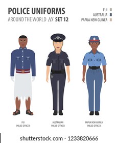 Police Uniforms Around The World. Suit, Clothing Of Australian And Oceanian Police Officers Vector Illustrations Set