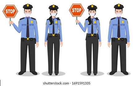 Police USA and quarantine concept. Couple of american policeman and policewoman in traditional uniforms and protective masks standing together on white background in flat style. Vector illustration.