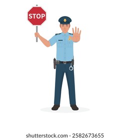 Police using a hand sign to stop and holding a stop sign board vector illustration