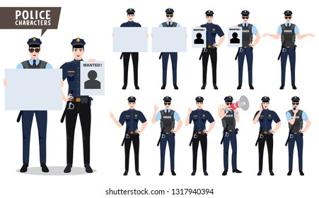 Police vector character set. Policeman characters holding blank white board for text and presentation and with various poses isolated in white. Vector illustration.
