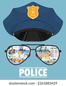 Police vector. Corps law enforcement flat poster illustration. Property protection and civil disorders service. Policeman cap and eyeglasses with policeman news reflection