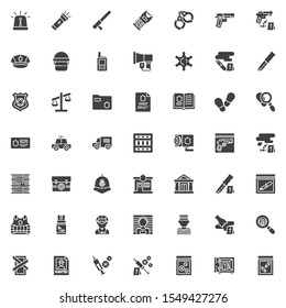 Police vector icons set, modern solid symbol collection, filled style pictogram pack. Signs, logo illustration. Set includes icons as police badge, officer helmet, bloody knife evidence, prison jail