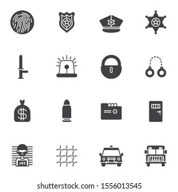 Police vector icons set modern solid symbol collection filled style pictogram pack. Signs, logo illustration. Set includes icons as fingerprint, police badge, sheriff star, handcuffs, prisoner, prison