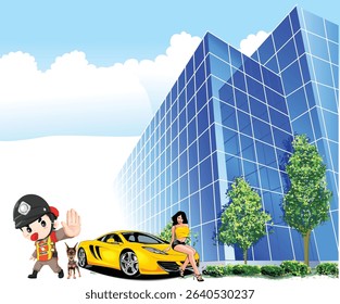 Police vector image, arresting a luxury car, vector file, graphics, sports car, beautiful, beautiful girl