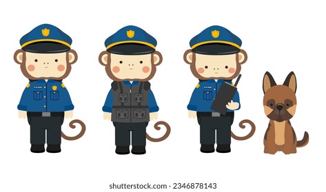 Imágenes vectoriales de la policía. Un mono de la policía de dibujos animados con chaleco, walkie talkie y perro policía.