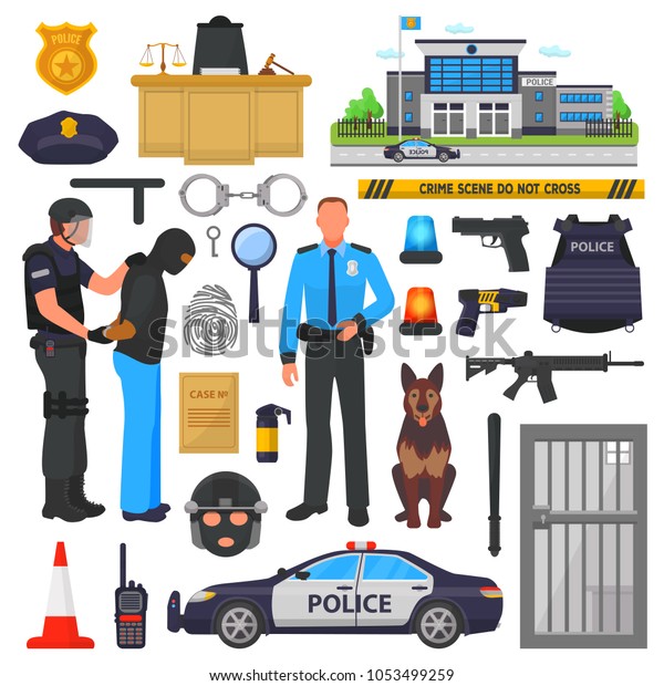 警察のイラストセットに手錠をかけた防弾チョッキを着た警察のベクター警官と警官 または ポリシー標識とパトカーを背景に配置 のベクター画像素材 ロイヤリティフリー