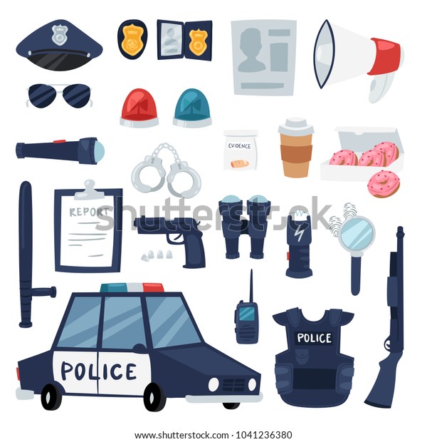 警官と警察車のイラストのセット または警官が防弾チョッキと手錠を着用した警官のベクター画像ポリシーのサインを背景に警察署のシンボルで表示 のベクター画像素材 ロイヤリティフリー