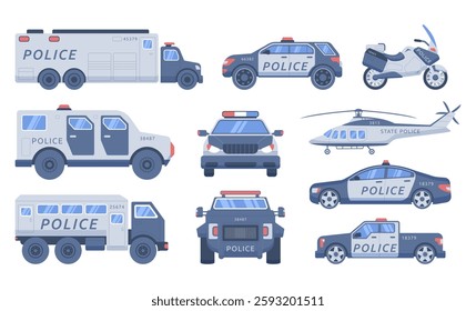 Police vehicle. Policeman car. SWAT auto truck. Motorcycle or helicopter. Law to urban safety on automobile. Service security. Transport siren authority. Cop SUV traffic. Vector garish patrol vans set