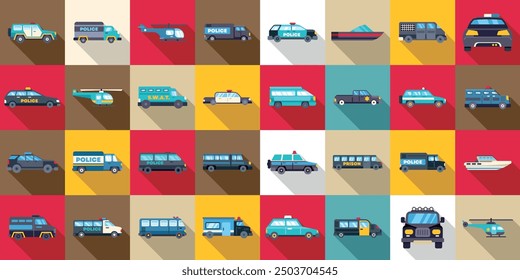 Police vehicles icons set. Large set of different police cars and transportation for patrolling and arresting criminals