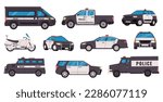 Police vehicles. Security car with siren, policeman van suv truck transport for protection and rescue, urgency patrol machine icons. Vector flat set of security car with siren illustration