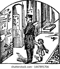 Police vintage engraved illustration drawing. 