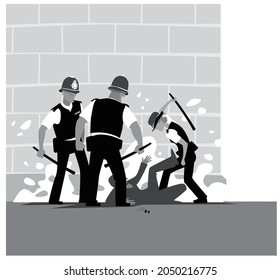 Violencia policial. Una manada de policías enojados golpea a un hombre. Imagen vectorial para impresiones, afiches e ilustraciones.