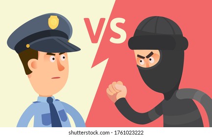 Police vs criminal, offender. Law versus crime. Policeman standing against robber, portrait. Security guard and thief. Vector illustration, flat design cartoon style. Versus background.