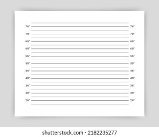 Police Wanted Picture With Lines In Inches. Mugshot Board. Mug Shot Background. Criminal Measuring Concept. Wall Measurements Template. Lineup Backdrop. Vector Illustration. Identification Frame