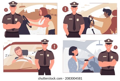 Police warning about risk of driving accident on road or city street vector illustration set. Cartoon policeman character and tired sleepy drunk drivers, family in automobile. Driving safety concept