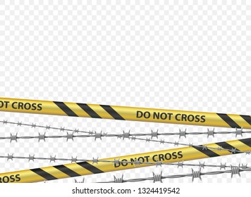 Police warning cordon tape and a metal barbed wire. Isolated on a transparent background. Vector illustration.