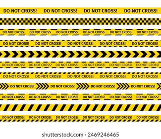 Police warning do not cross ribbons. Yellow black tape barrier. Set of caution crime scene tapes for criminal accident places. Seamless striped boundary lines. Vector illustration.