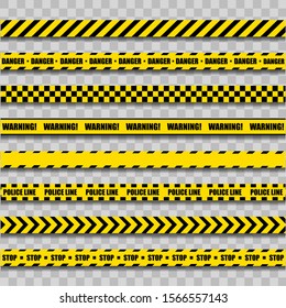 Police Warning Line. Yellow And Black Barricade Construction Tape On Transparent Background. Vector illustration. EPS 10