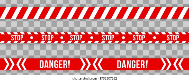 Cinta de advertencia de la policía, precaución. Barradas rojas y blancas, no cruces, policía, línea de peligro del crimen, brillantes rojos oficiales de escena del crimen cinta adhesiva. Señales de peligro. Ilustración vectorial, eps 10.