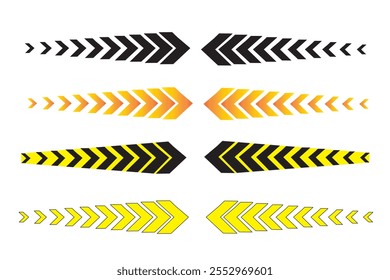 Police warning tape with yellow and black stripes line arrow. Attention safety stripe warning signal. Police line do not cross, on go this line, danger road. Vector illustration
