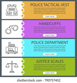Police web banner templates set. Bulletproof vest, handcuffs, police department, justice scales. Website color menu items with linear icons. Vector headers design concepts