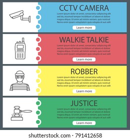 Police web banner templates set. Surveillance camera, walkie talkie, robber, gavel. Website color menu items with linear icons. Vector headers design concepts