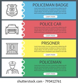 Police web banner templates set. Policeman, badge, car, prisoner. Website color menu items with linear icons. Vector headers design concepts