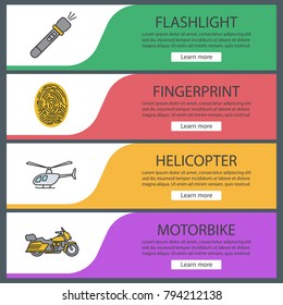 Police web banner templates set. Flashlight, fingerprint, helicopter, motorbike. Website color menu items. Vector headers design concepts
