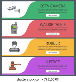 Police web banner templates set. Surveillance camera, walkie talkie, robber, gavel. Website color menu items. Vector headers design concepts