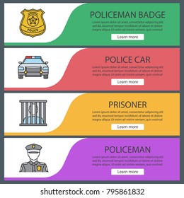 Police web banner templates set. Policeman, badge, car, prisoner. Website color menu items. Vector headers design concepts