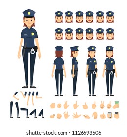 police woman character set. Full length. Different view, emotion, gesture.
